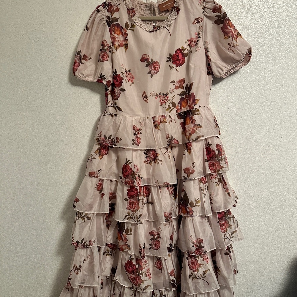 JessaKae Cream Pink Ruffled Tiered Maxi Dress